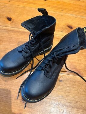 Doc Martens Black Lace-Up Leather Boots with Yellow Stitching - never worn